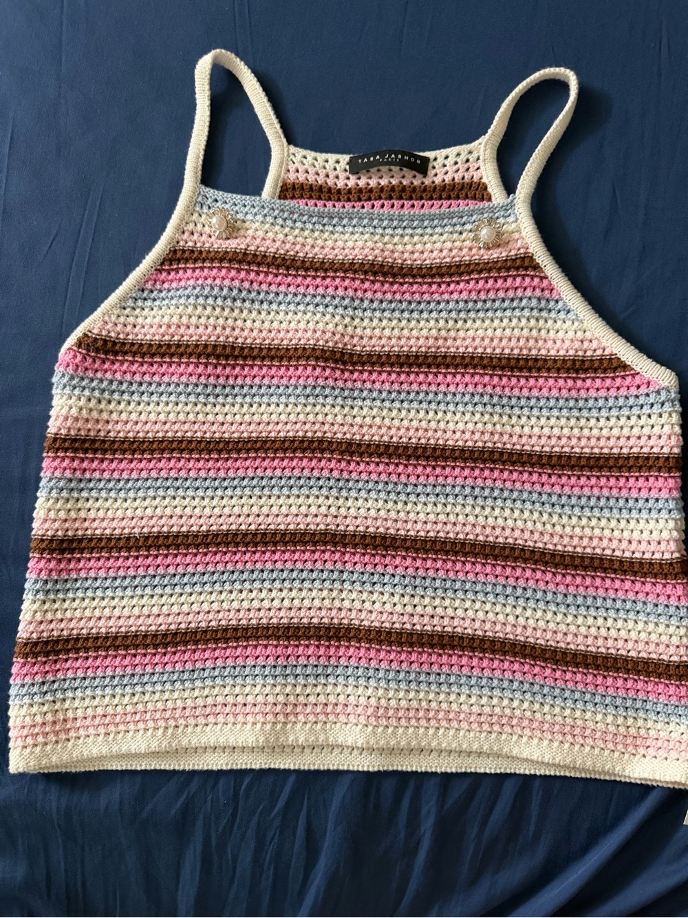 Tara Jarmon Paris Multicolor Crochet Stripe Tank Top - Pink, Brown, Cream